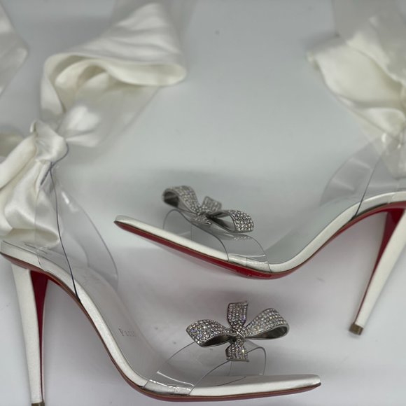 Christian Louboutin ASTRINODO Crystal Bow Silk Tie PVC Heels Sandals Shoes - Picture 11 of 16